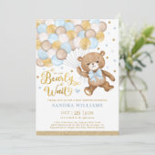 Invitation Blue Gold Brown Teddy Bear Baby shower garçon (Debout devant)