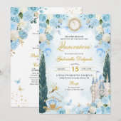 Invitation Blue & Gold Cinderella Princess Fairy Quinceanera (Devant / Derrière)
