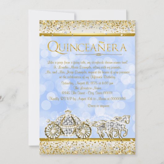 Invitation Blue Gold Cinderella Princess Quinceanera (Devant)