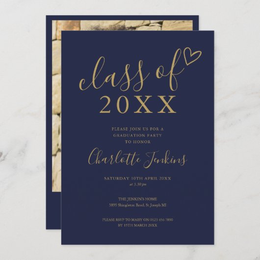 Invitation Blue Gold Classe de script Photo Graduation Party (Devant / Derrière)