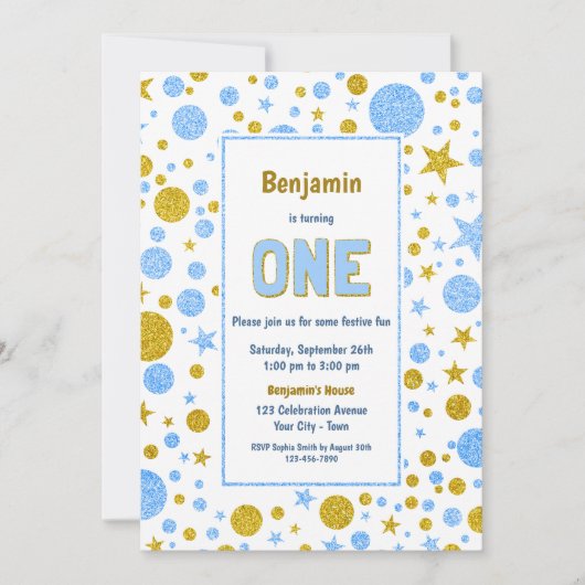 Invitation Blue Gold Confetti 1ère fête d'anniversaire (Devant)
