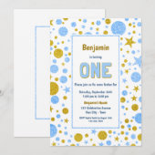 Invitation Blue Gold Confetti 1ère fête d'anniversaire (Devant / Derrière)