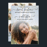 Invitation Blue Gold Confetti Photo Collage Sweet 16<br><div class="desc">Cette jolie et girly sweet sixteen anniversaire photo collage invitation est parfait pour la fille branchée et élégante. Il présente des confettis de parties scintillant brillant en or faux imprimé sur un bleu pastel et de grands décors de photo sombre dégradé avec élégante écriture noire manuscrite typographie de script cursive....</div>
