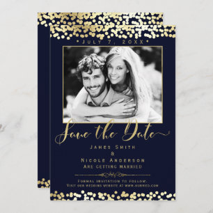 Invitation Blue & Gold Confetti Photo Wedding Enregistrer la