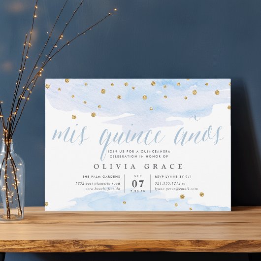 Invitation Blue & Gold Confetti Pop | Aquarelle Quinceanera