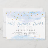 Invitation Blue & Gold Confetti Pop | Aquarelle Quinceanera (Devant)