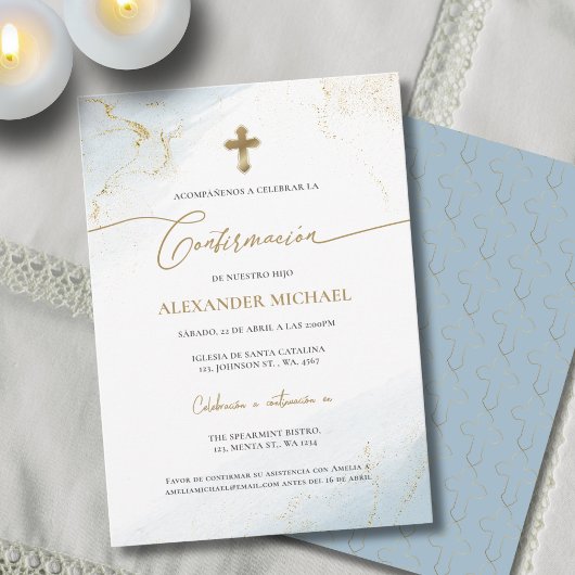 Invitation Blue Gold Cross Boy Confirmation Confirmacion