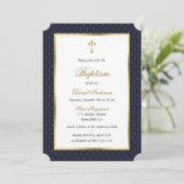 Invitation Blue Gold Cross Pois Élégant Script Baptême (Debout devant)