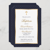 Invitation Blue Gold Cross Pois Élégant Script Baptême (Devant / Derrière)
