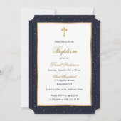 Invitation Blue Gold Cross Stars Élégant Script Baptême (Devant)