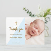 Invitation Blue Gold Custom Moderne Baby Baptême Merci (Debout devant)