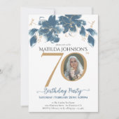 Invitation Blue Gold Custom Photo Floral 70e anniversaire (Devant)