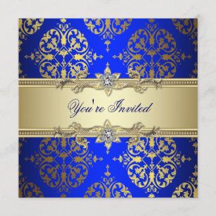 Invitation Blue Gold Damask Party