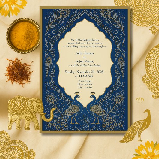 Invitation blue gold Elegant Peacock Hindu Wedding