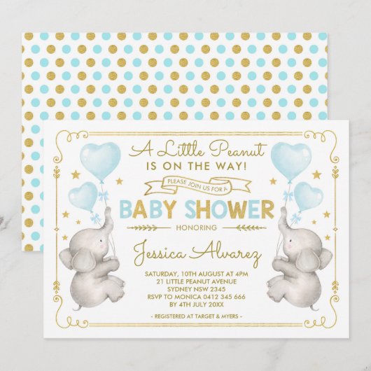 Invitation Blue Gold Elephant Baby shower garçon Jungle Invit (Devant / Derrière)
