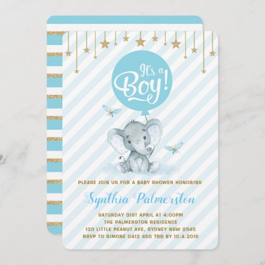 Invitation Blue Gold Elephant Baby shower Twinkle Star Invita (Devant / Derrière)