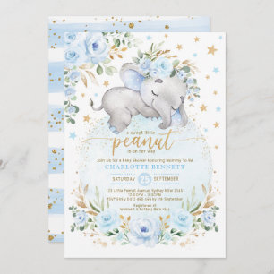 Invitation Blue Gold Elephant Floral Moon Stars Baby shower