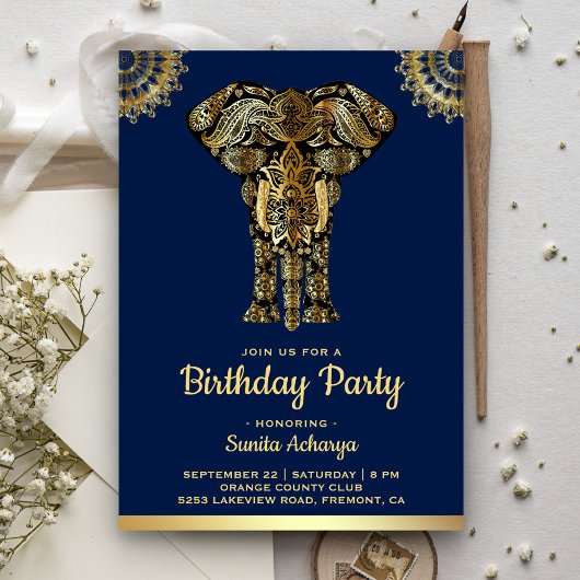 Invitation Blue Gold Elephant Indian Birthday Party