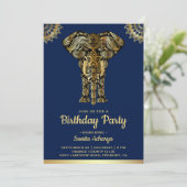 Invitation Blue Gold Elephant Indian Birthday Party (Debout devant)