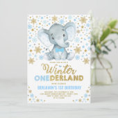 Invitation Blue Gold Elephant Winter ONE derland Snowflake (Debout devant)