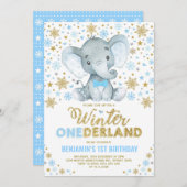 Invitation Blue Gold Elephant Winter ONE derland Snowflake (Devant / Derrière)