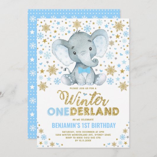 Invitation Blue Gold Elephant Winter ONE derland Snowflake (Devant / Derrière)