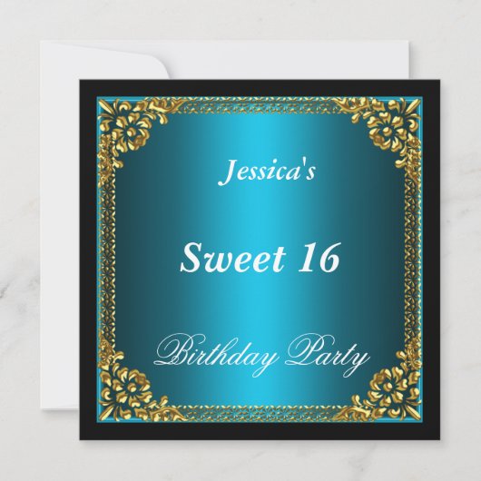 Invitation Blue Gold et Black Sweet 16 Anniversaire (Devant)