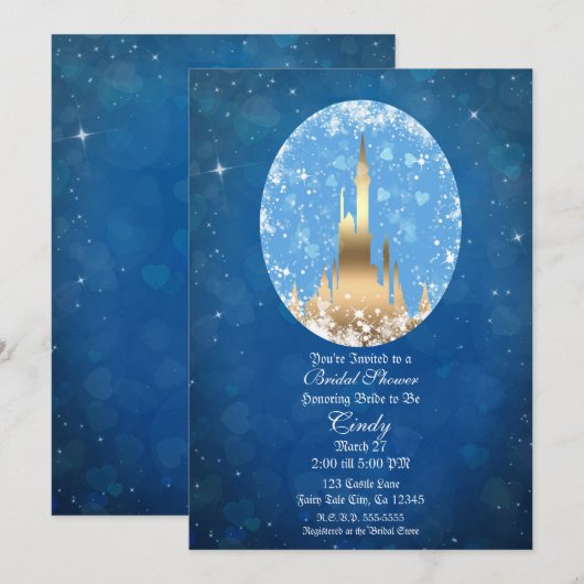 Invitation Blue Gold Fairy Tale Castle Sparkle Fête des marié (Devant / Derrière)