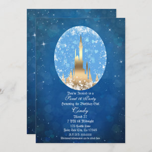 Invitation Blue Gold Fairy Tale Castle Sparkle Sweet 16