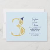 Invitation Blue & Gold | Fête Moderne pour Garçon de 3 Ans (Devant)