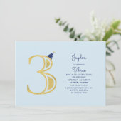 Invitation Blue & Gold | Fête Moderne pour Garçon de 3 Ans (Debout devant)