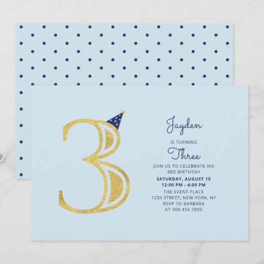 Invitation Blue & Gold | Fête Moderne pour Garçon de 3 Ans (Devant / Derrière)