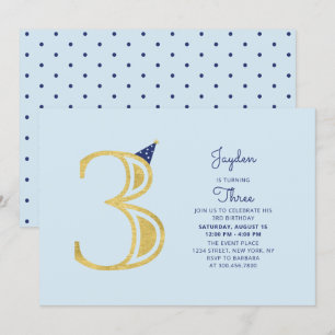 Invitation Blue & Gold Fête Moderne pour Garçon de 3 Ans