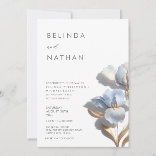 Invitation Blue Gold Fleurs 3D Blanches (Devant)