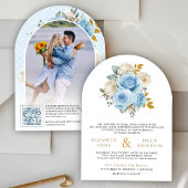 Invitation Blue Gold Floral Roses QR Code Photo Mariage