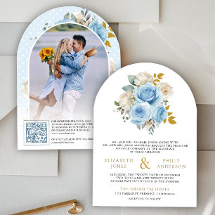 Invitation Blue Gold Floral Roses QR Code Photo Mariage