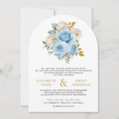 Invitation Blue Gold Floral Roses QR Code Photo Mariage (Devant)