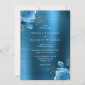 Invitation Blue Gold Floral Turquoise brossé Mariage métalliq (Devant)