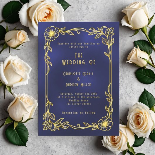 Invitation Blue gold floral vintage wedding