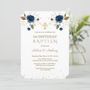 Invitation Blue Gold Flowers garçons jumeaux 1er anniversaire