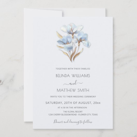 Invitation Blue Gold Flowers White (Devant)