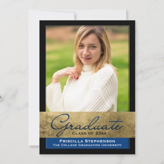 Invitation Blue Gold Foil Effet photo Graduation (Devant)