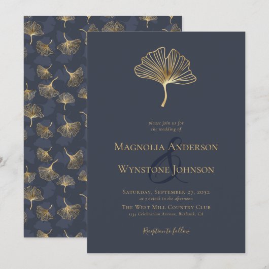 Invitation Blue Gold Foil Elégant Mariage botanique Invitati (Devant / Derrière)