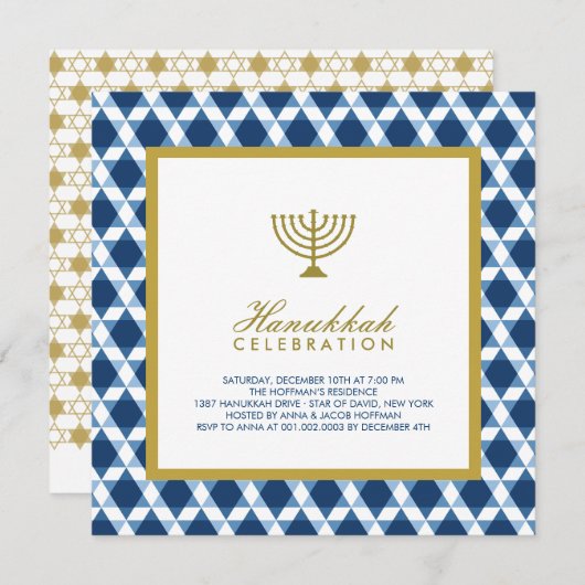Invitation Blue Gold Hanoukka Star Du David Menorah Party (Devant / Derrière)