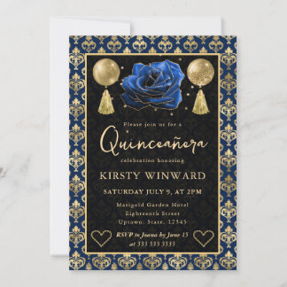 Invitation Blue & Gold Heart Damask & Rose Quinceanera