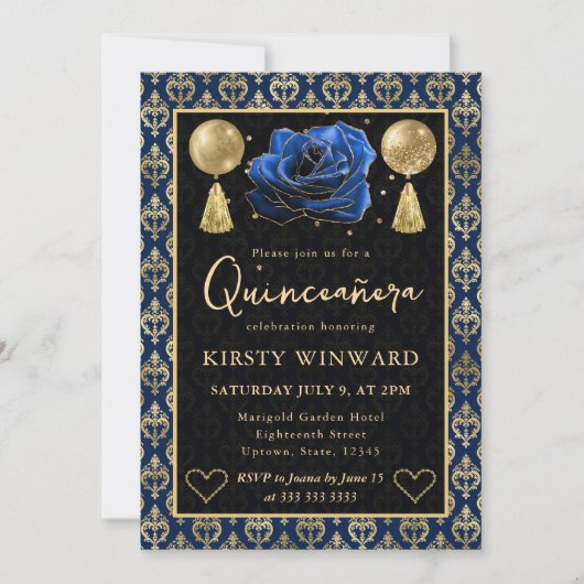Invitation Blue & Gold Heart Damask & Rose Quinceanera (Devant)