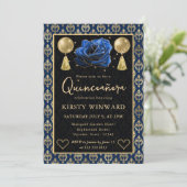 Invitation Blue & Gold Heart Damask & Rose Quinceanera (Debout devant)