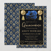 Invitation Blue & Gold Heart Damask & Rose Quinceanera (Devant / Derrière)