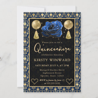 Invitation Blue & Gold Heart Damask & Rose Quinceanera