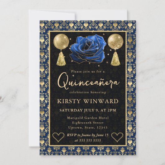 Invitation Blue & Gold Heart Damask & Rose Quinceanera (Devant)